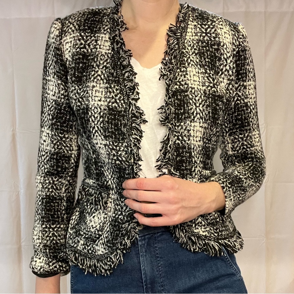 CABI | NWT Carol Anderson Love Carol black white tweed fringe blazer - Picture 1 of 14